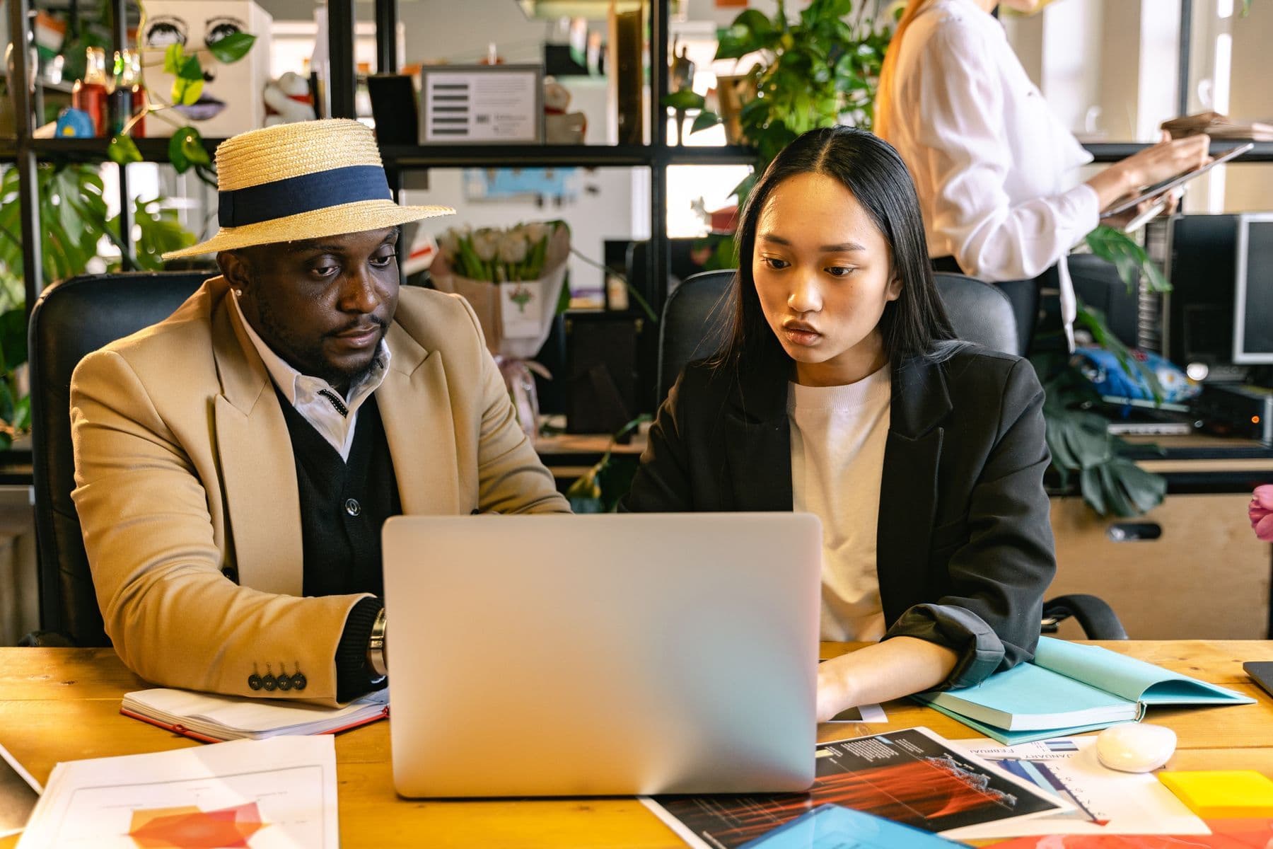 Two colleagues sit at a wooden desk and work through something together on a laptop in a plant-filled office.